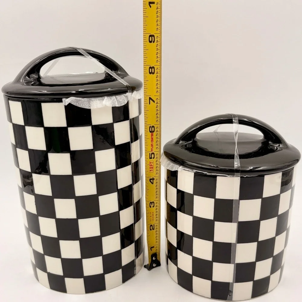 Potters Studio Black White Checkered Ceramic Canister Set 2‎ Piece Courtly Check